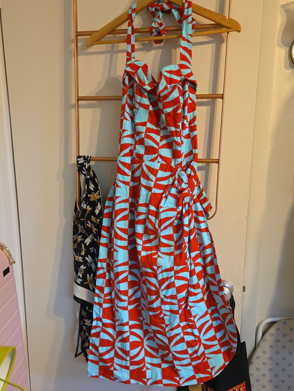 Bernie Dexter Red and Light Blue Tropical Geometric Sarong Sun Dress